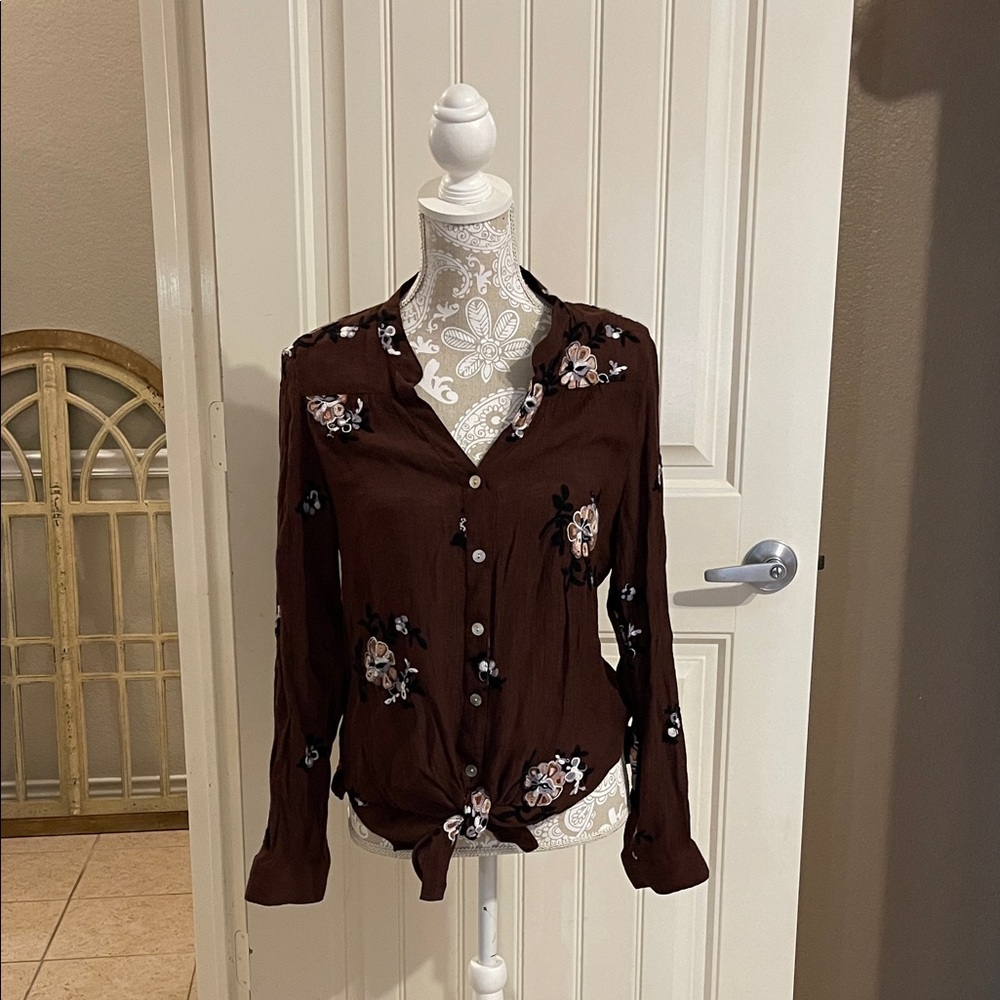 Olive Hill Floral Brown Women's Top, Sz L